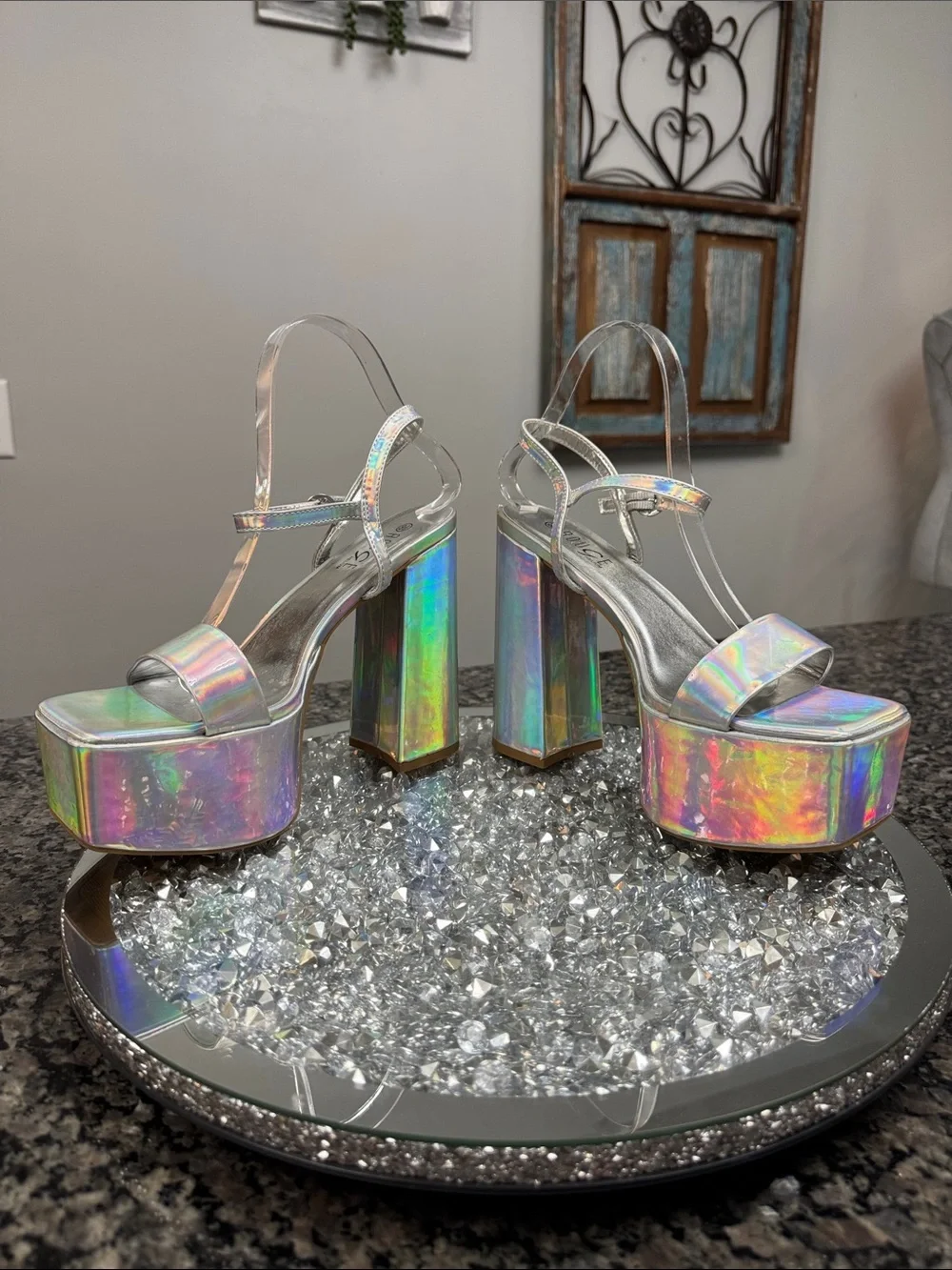 Rouge! Holographic Silver Platform Go-Go Sandals NWOT